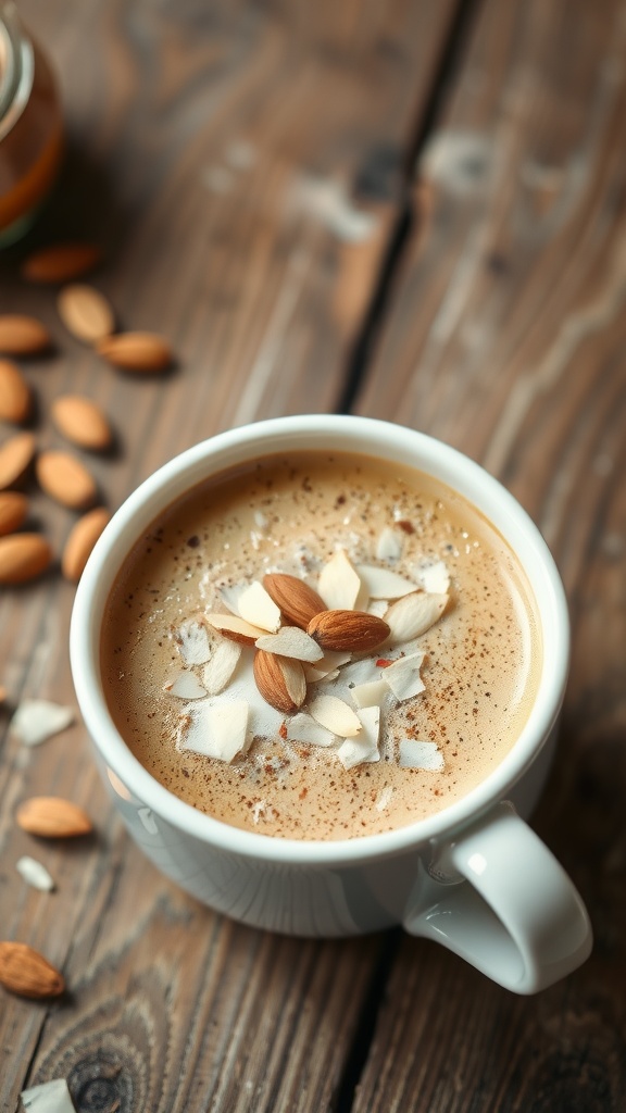 A cup of Vanilla Almond Keto Coffee topped with almond slices, placed on a wooden table.