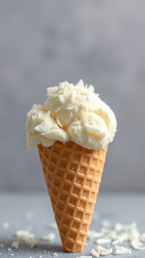 A cone filled with creamy vanilla bean coconut ice cream, topped with shavings of coconut.