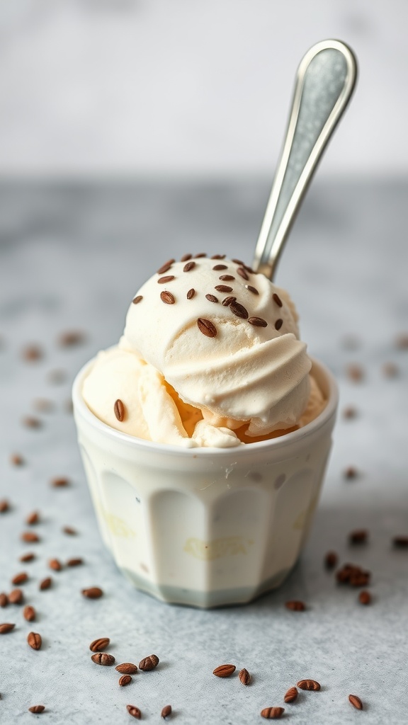 A bowl of vanilla bean protein ice cream topped with small seeds and a silver spoon.