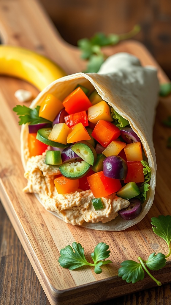 A vegetable and hummus wrap filled with assorted colorful vegetables, resting on a wooden board, with a banana beside it.