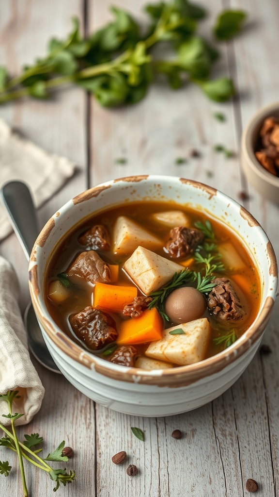 A bowl of Vegetable Beef Bone Broth Soup with chunks of beef, vegetables, and herbs.