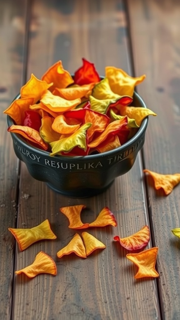 A bowl filled with colorful vegetable chips on a wooden table.