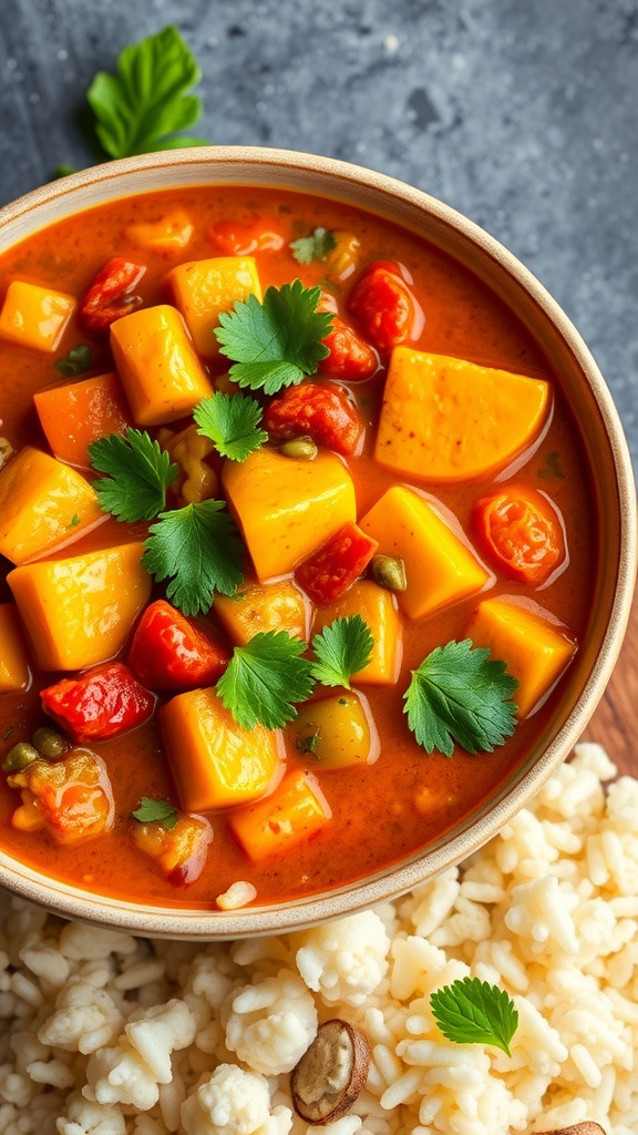 A bowl of vegetable coconut curry with rice and fresh herbs