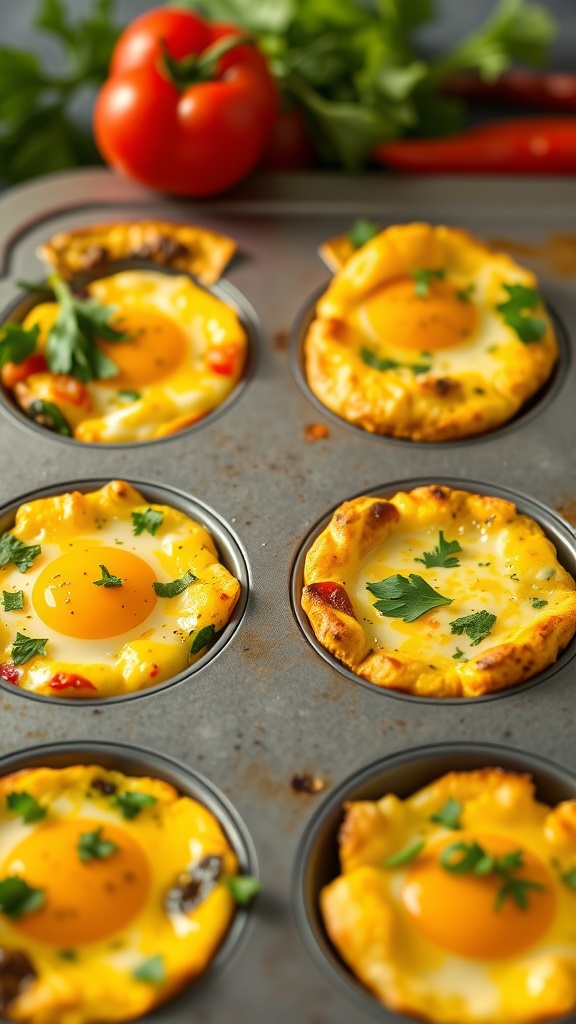 A tray of colorful vegetable egg muffins with eggs, herbs, and fresh vegetables.