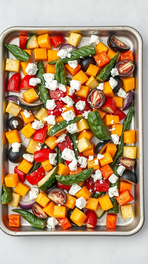 A sheet pan filled with a colorful vegetable medley topped with feta cheese.