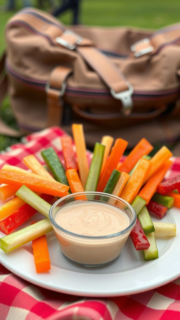 A plate of colorful vegetable sticks including carrots, celery, and bell peppers arranged around a small bowl of dip.