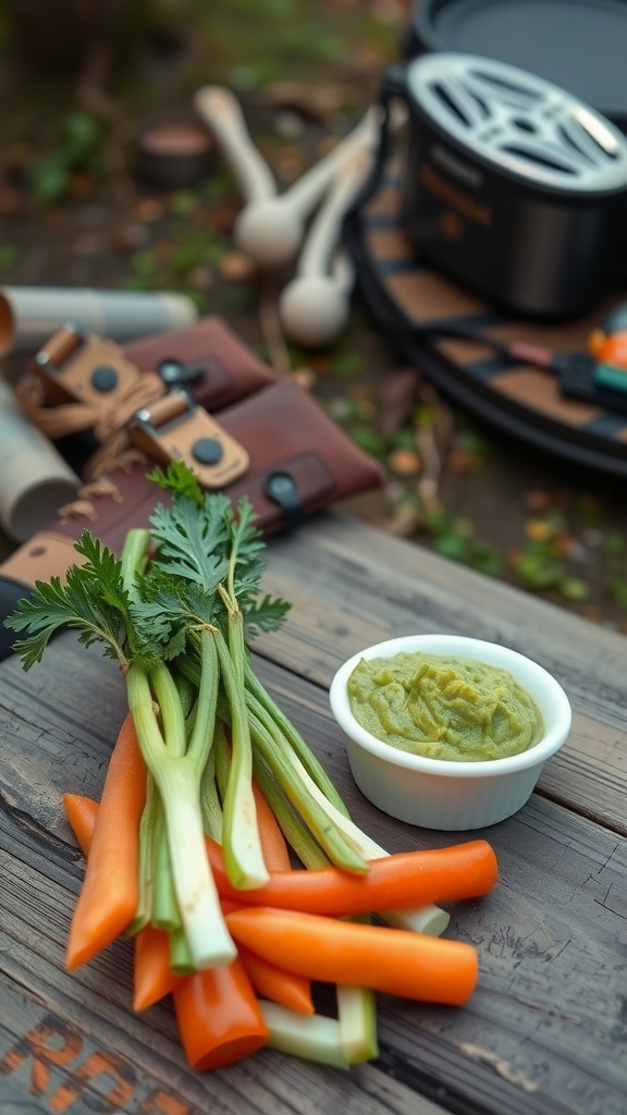 A wooden table with colorful vegetable sticks and a small bowl of guacamole.