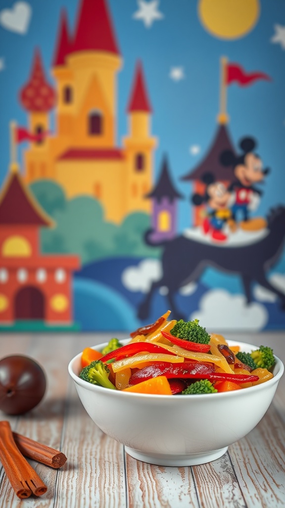 A vibrant vegetable stir-fry with broccoli and bell peppers in a white bowl, with a magical Disney background.