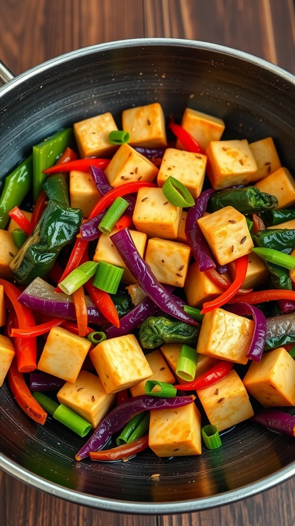 A pan filled with colorful cubes of tofu and assorted vegetables like bell peppers, green onions, and spinach, ready to be stir-fried.