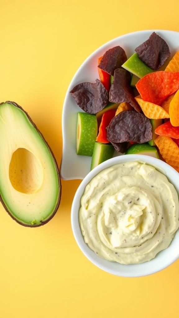 A bowl of colorful veggie chips next to a creamy avocado dip and a sliced avocado on a bright yellow background.