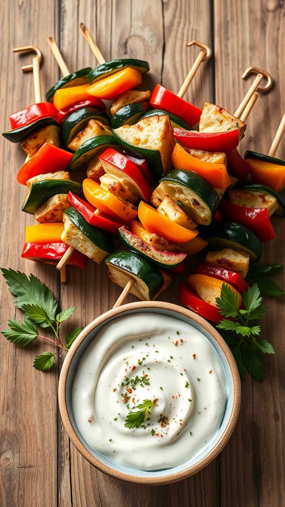 A plate of colorful veggie skewers with red, yellow, and green peppers, zucchini, and a bowl of creamy herb dip.