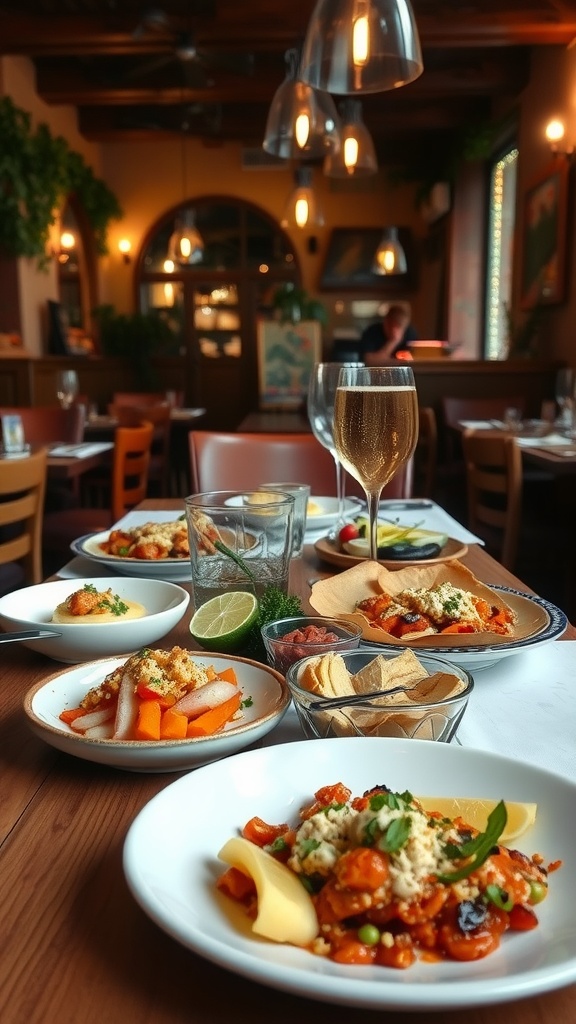 A table at Jaleo with various colorful dishes and a glass of sparkling wine.