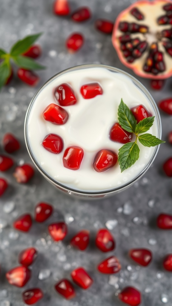 A bowl of yogurt topped with pomegranate arils and mint leaves, surrounded by scattered pomegranate seeds.