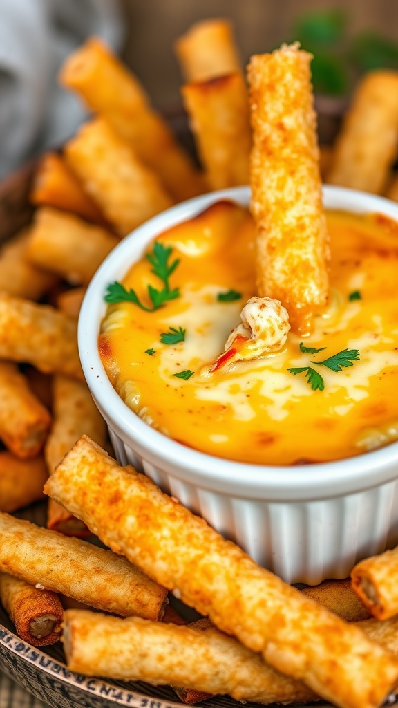 A warm cheesy crab dip served in a bowl with crunchy snacks around it.