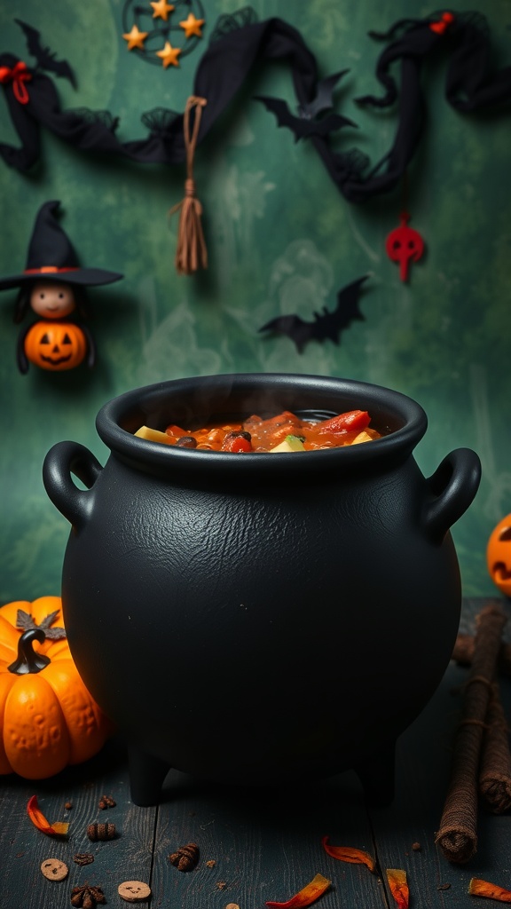 A black cauldron filled with chili, surrounded by Halloween decorations like pumpkins and bats.