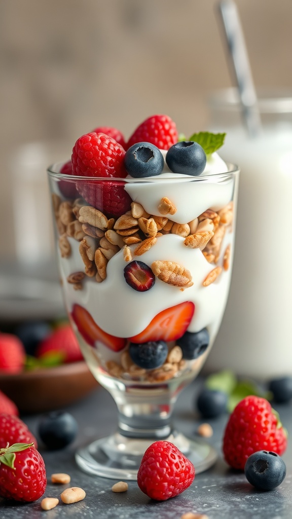 A delicious yogurt parfait layered with nuts, strawberries, raspberries, and blackberries in a glass.