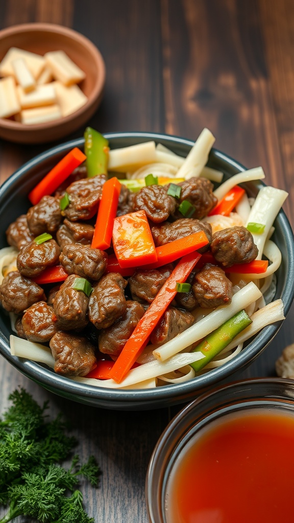 A bowl of zesty beef and cabbage stir-fry with colorful vegetables and tender beef.