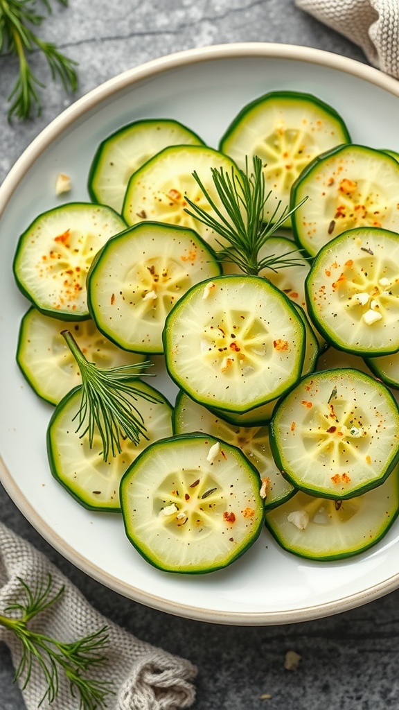 Sliced cucumbers garnished with dill and spices on a white plate.