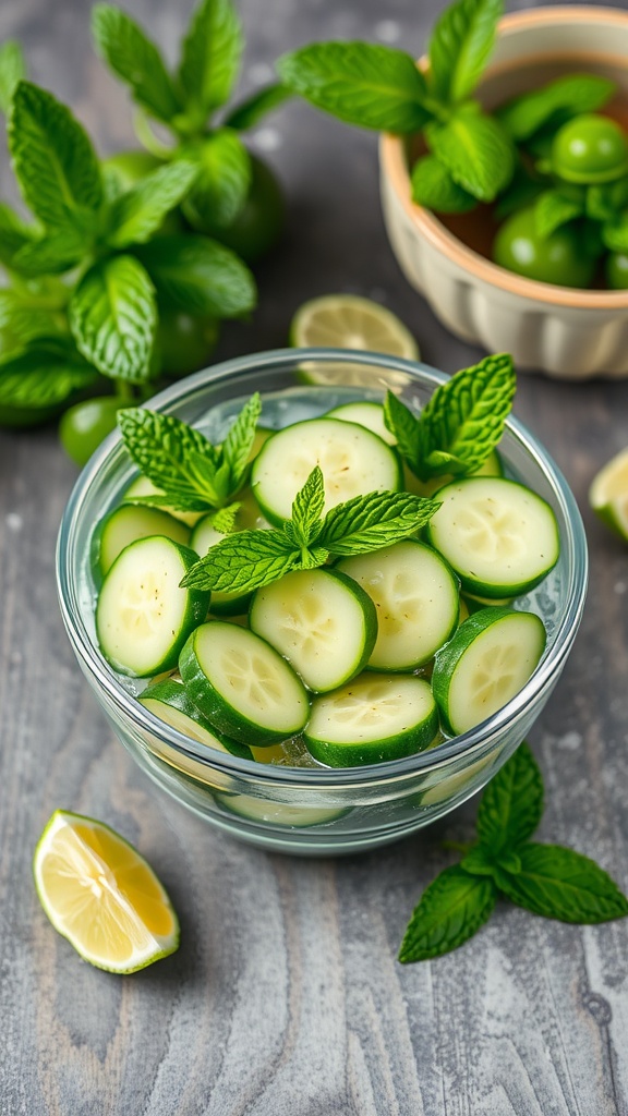 A fresh cucumber salad with lime and mint in a bowl.