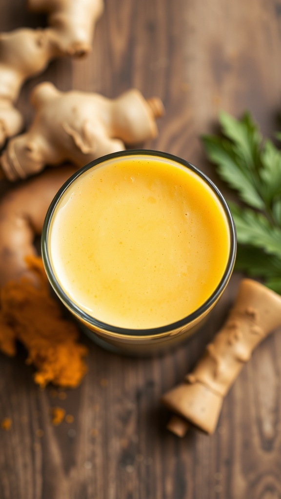 A yellow smoothie made with ginger and turmeric, surrounded by fresh ingredients.