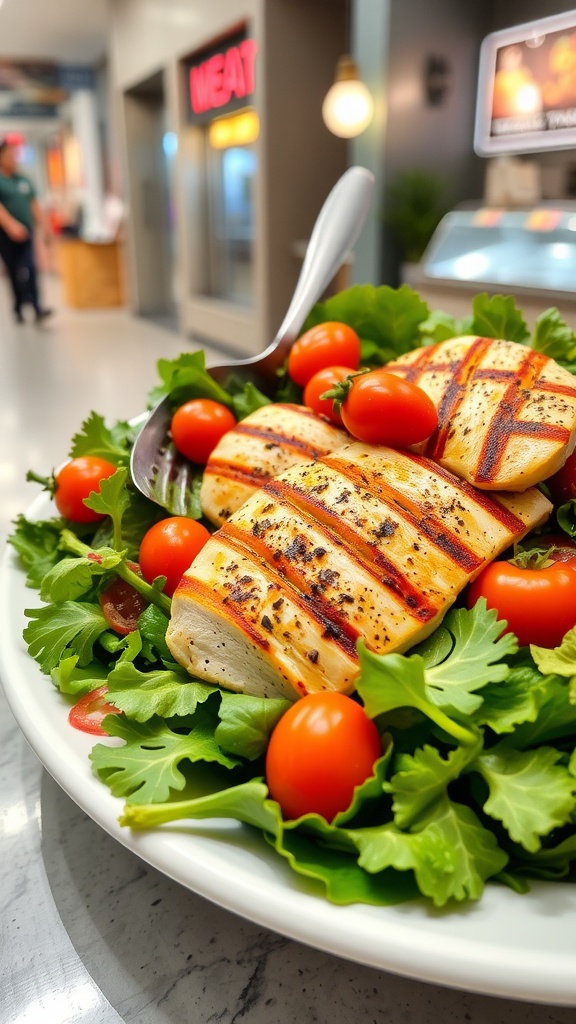 A zesty grilled chicken salad featuring slices of grilled chicken on a bed of greens and cherry tomatoes.