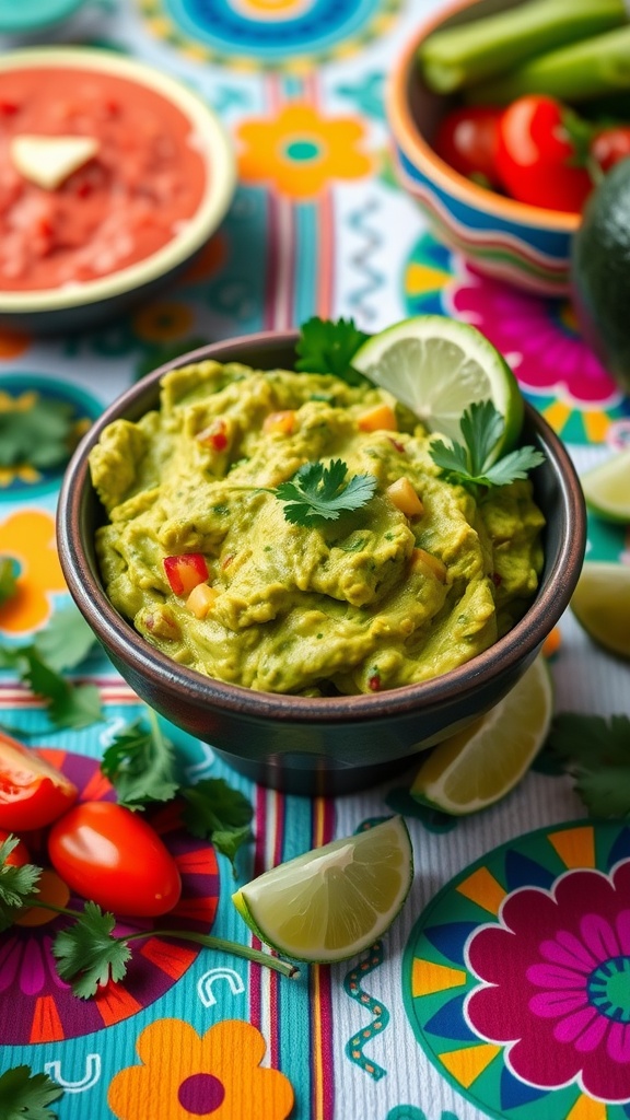 A bowl of fresh guacamole topped with cilantro and lime, surrounded by colorful ingredients on a festive table.