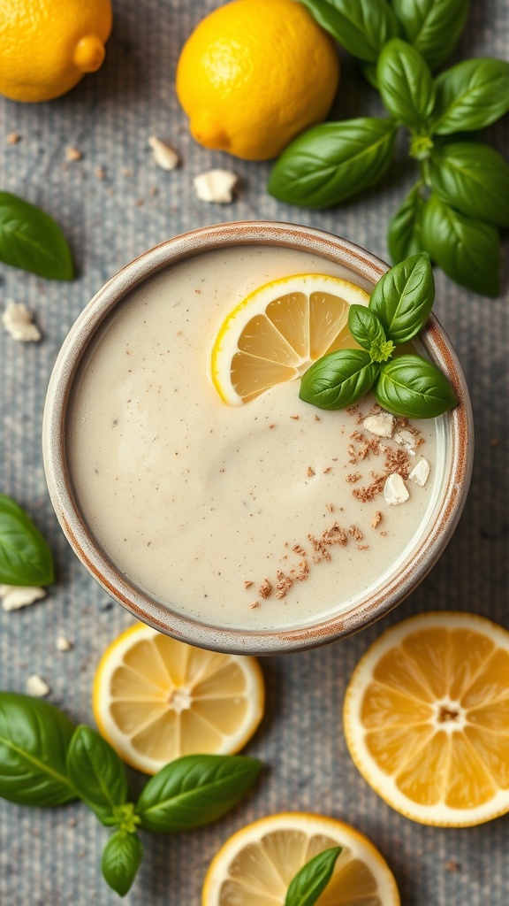 A creamy lemon smoothie bowl with basil leaves and lemon slices on top, surrounded by fresh lemons.