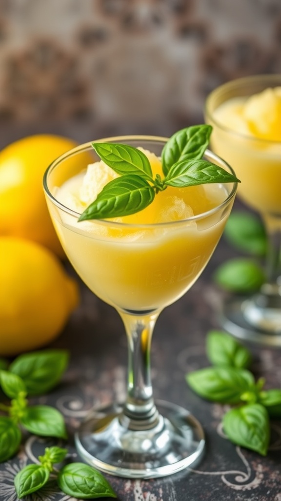 A glass of lemon basil sorbet with fresh lemons and basil leaves.