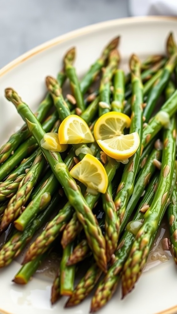 A plate of asparagus topped with lemon slices and garlic butter.