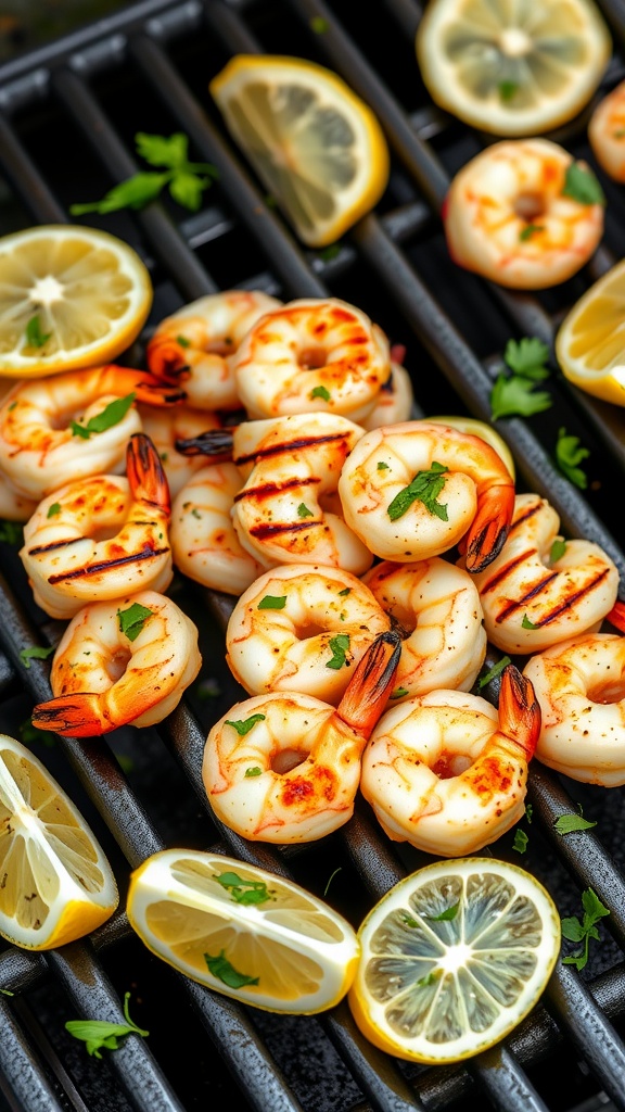 Grilled lemon garlic shrimp skewers with fresh lemon slices on a grill.