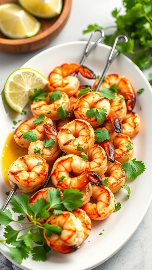 Grilled shrimp skewers with lime and cilantro on a white plate