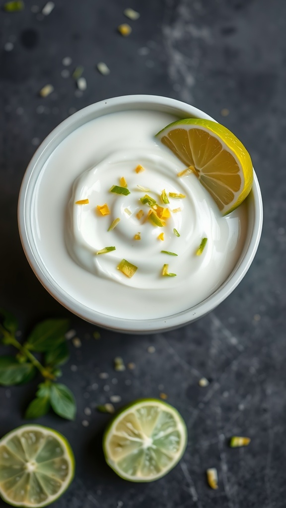 A bowl of yogurt topped with lime zest and a lime wedge.