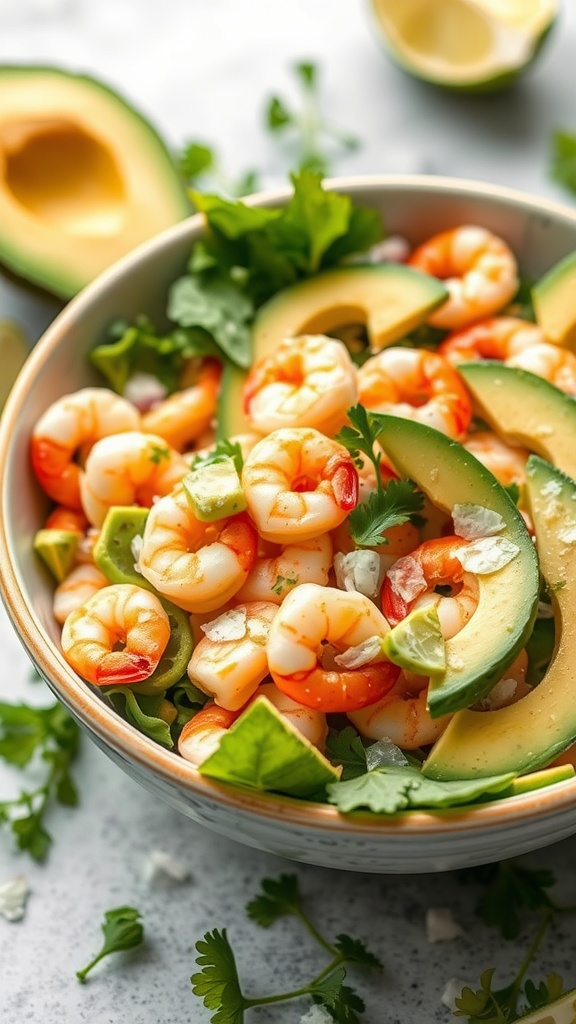 A vibrant shrimp and avocado salad in a bowl, topped with cilantro and lime.