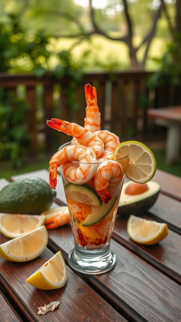 Shrimp cocktail with avocado and lime in a glass, with lemon slices on a wooden table.
