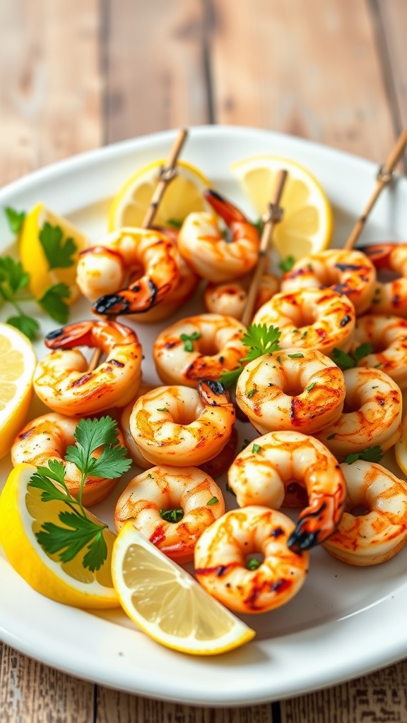 Grilled shrimp skewers with lemon slices and fresh herbs on a white plate.