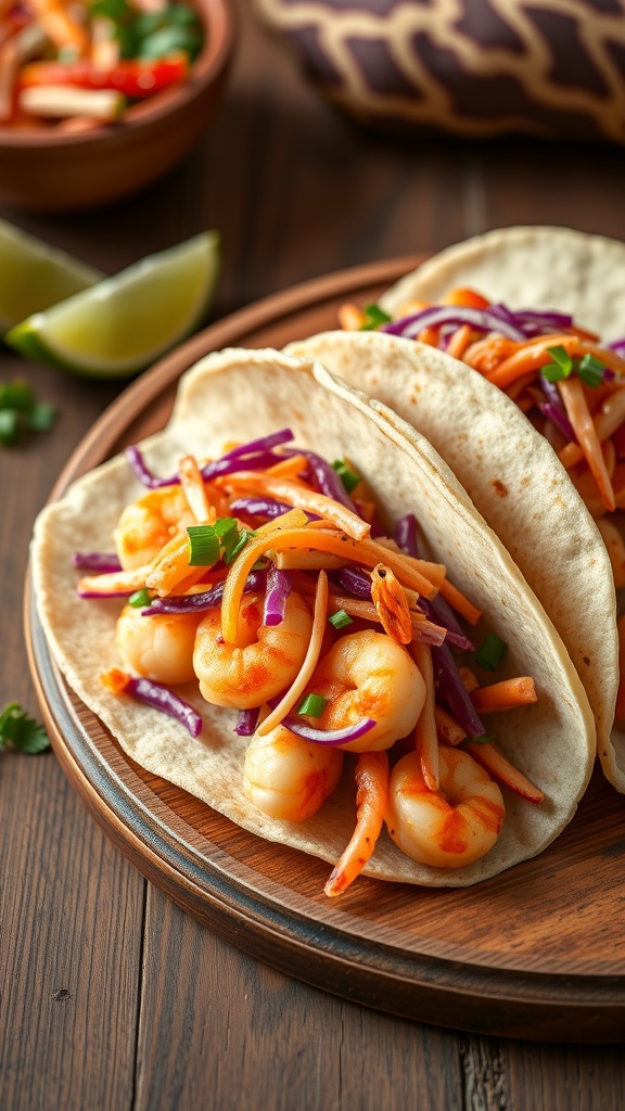 Shrimp tacos with cabbage slaw on a wooden plate