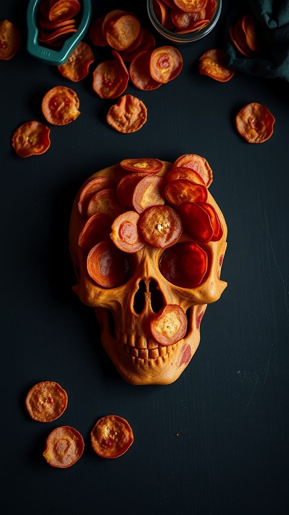 A skull-shaped bowl filled with crispy pepperoni chips, with some chips scattered around.