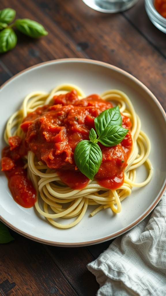 A plate of zoodles topped with tomato sauce and fresh basil.