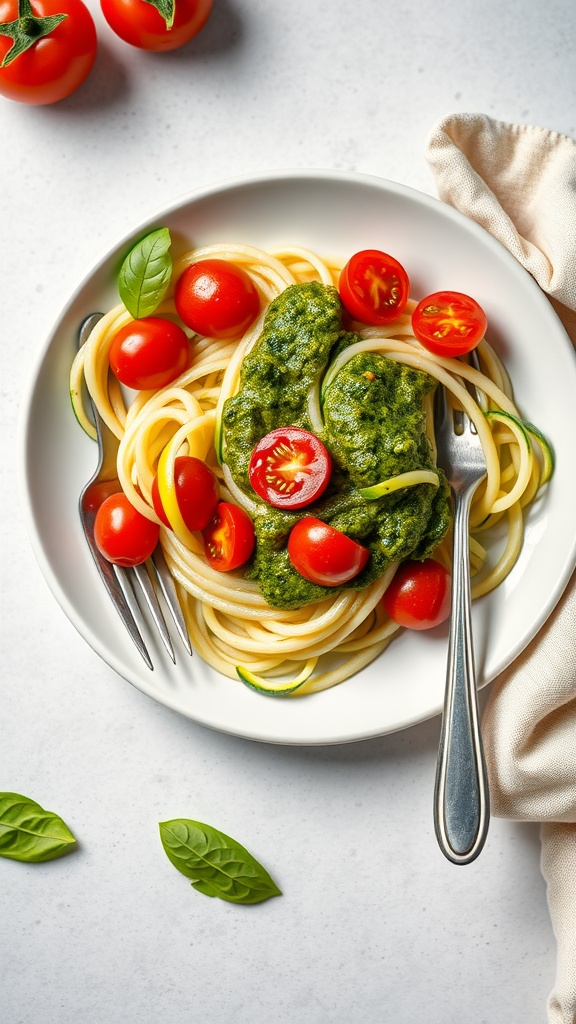 A plate of zoodles topped with pesto sauce and cherry tomatoes.