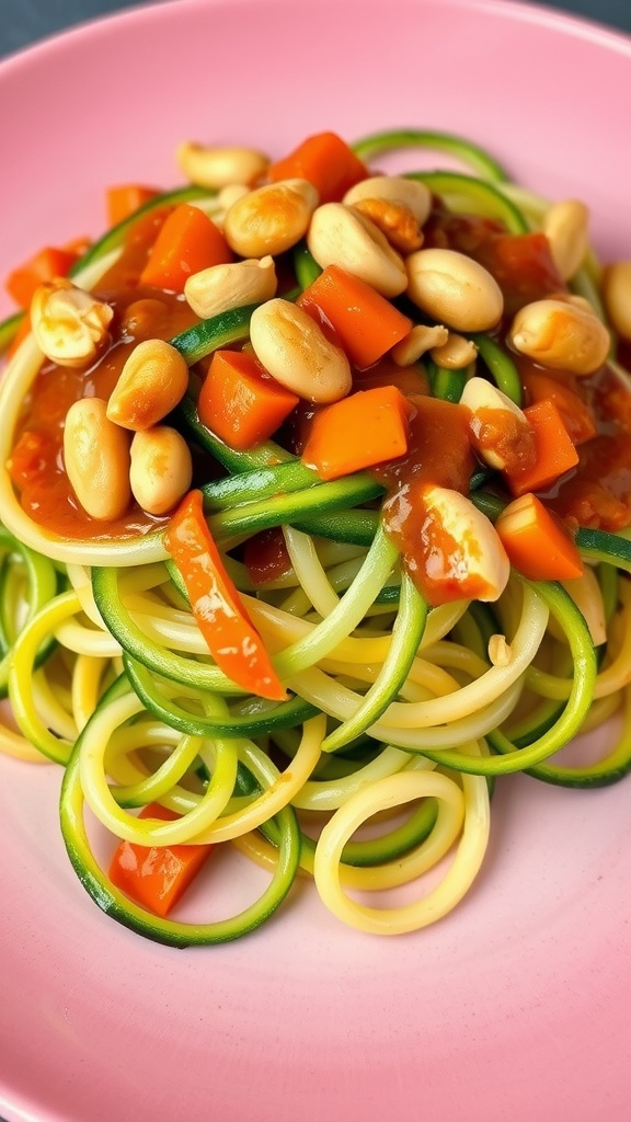Zoodles topped with spicy Kung Pao sauce and peanuts