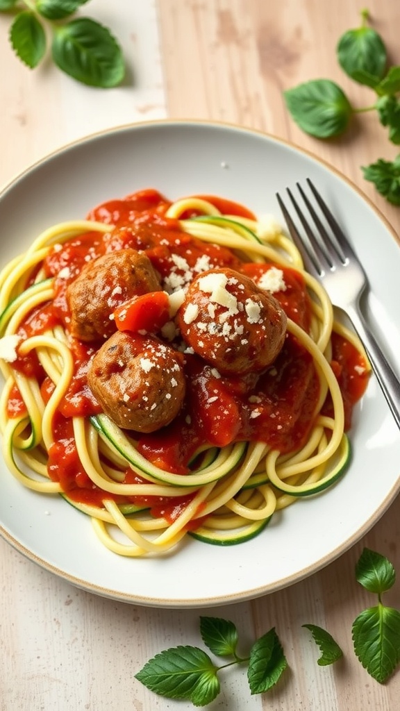 A plate of zoodles topped with marinara sauce and meatballs, garnished with herbs.