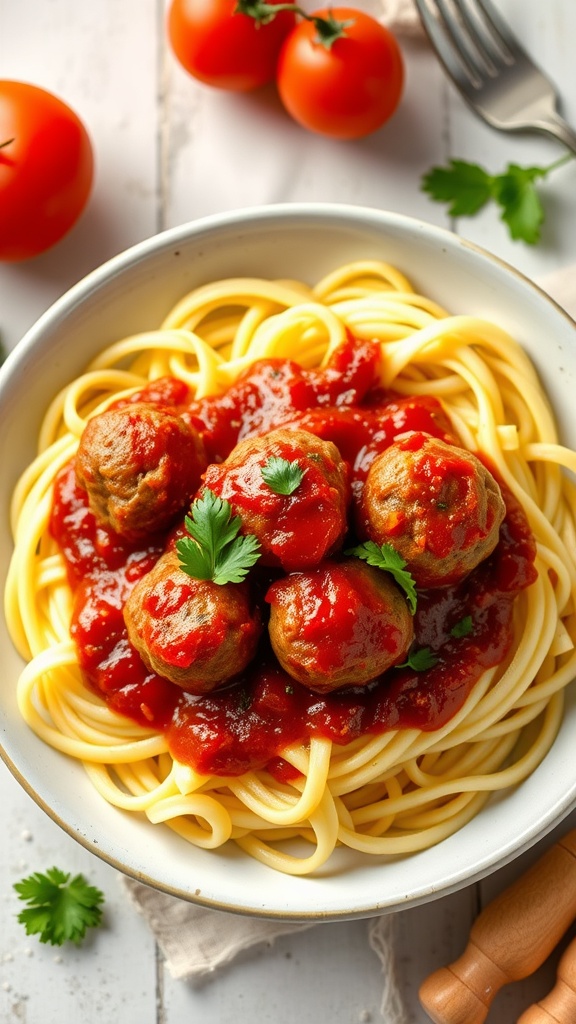 A bowl of zoodles topped with marinara sauce and meatballs, garnished with fresh herbs.