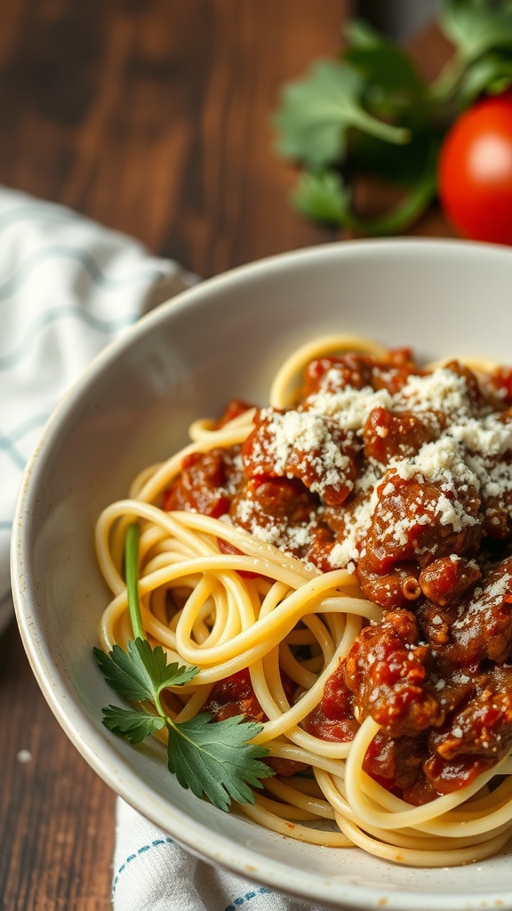 A bowl of zoodles topped with meat sauce and sprinkled with cheese