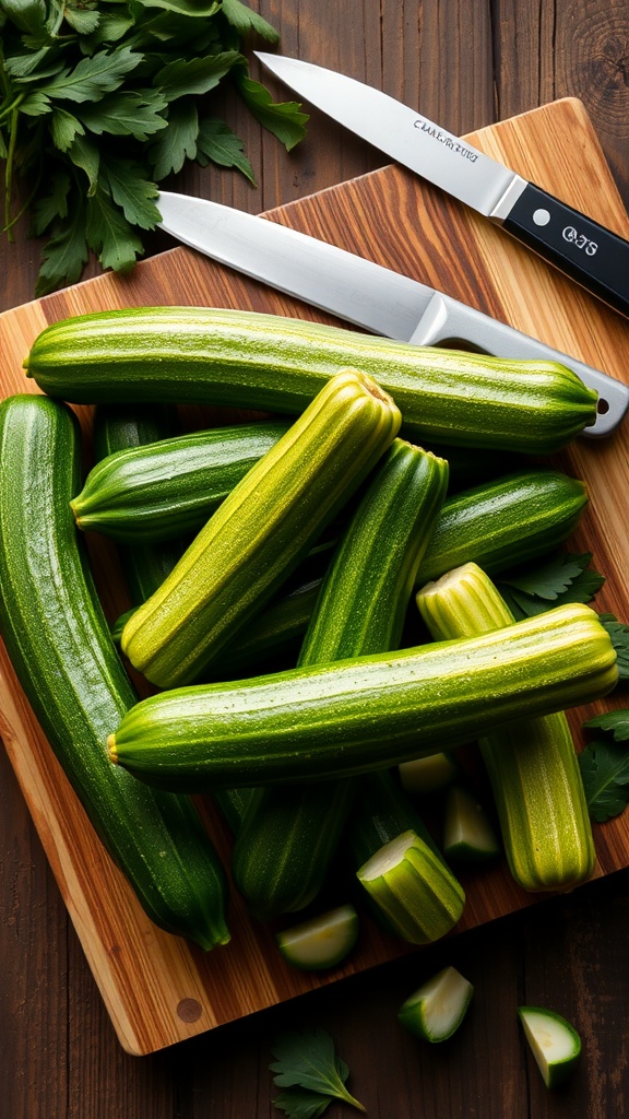 Fresh zucchini on a wooden cutting board with knives and parsley.