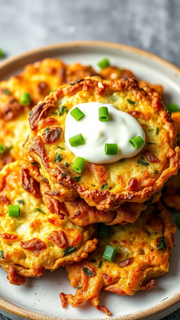 Plate of crispy zucchini and cheese fritters topped with sour cream and green onions.