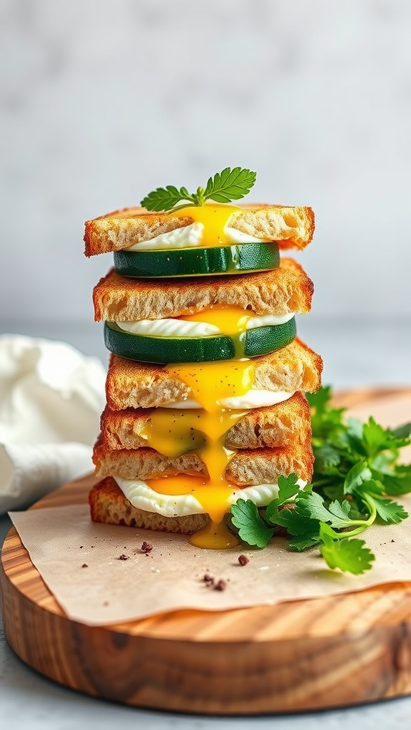 A stacked breakfast sandwich featuring zucchini, egg, and crispy bread, garnished with herbs.