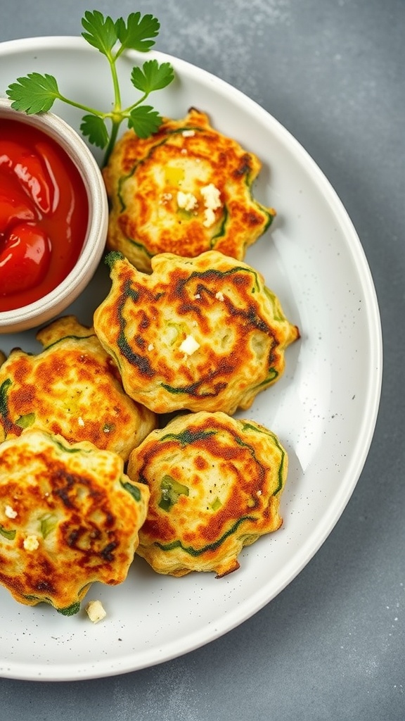 Plate of zucchini and feta fritters with a small bowl of ketchup