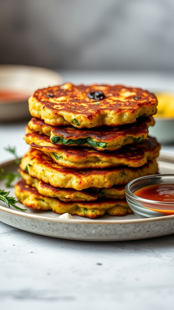 Stack of zucchini and feta fritters on a plate with dipping sauce