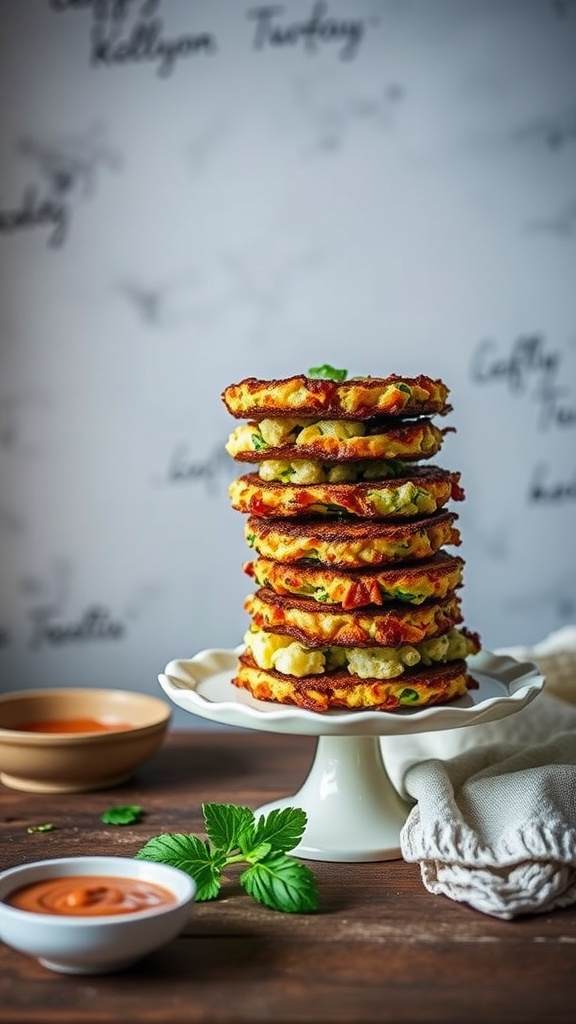 Stack of zucchini and feta fritters with dipping sauce on the side.