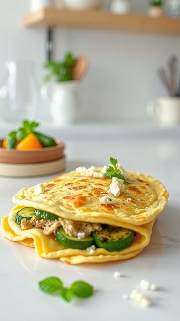 A zucchini and feta omelette wrap with fresh ingredients on a bright kitchen table.